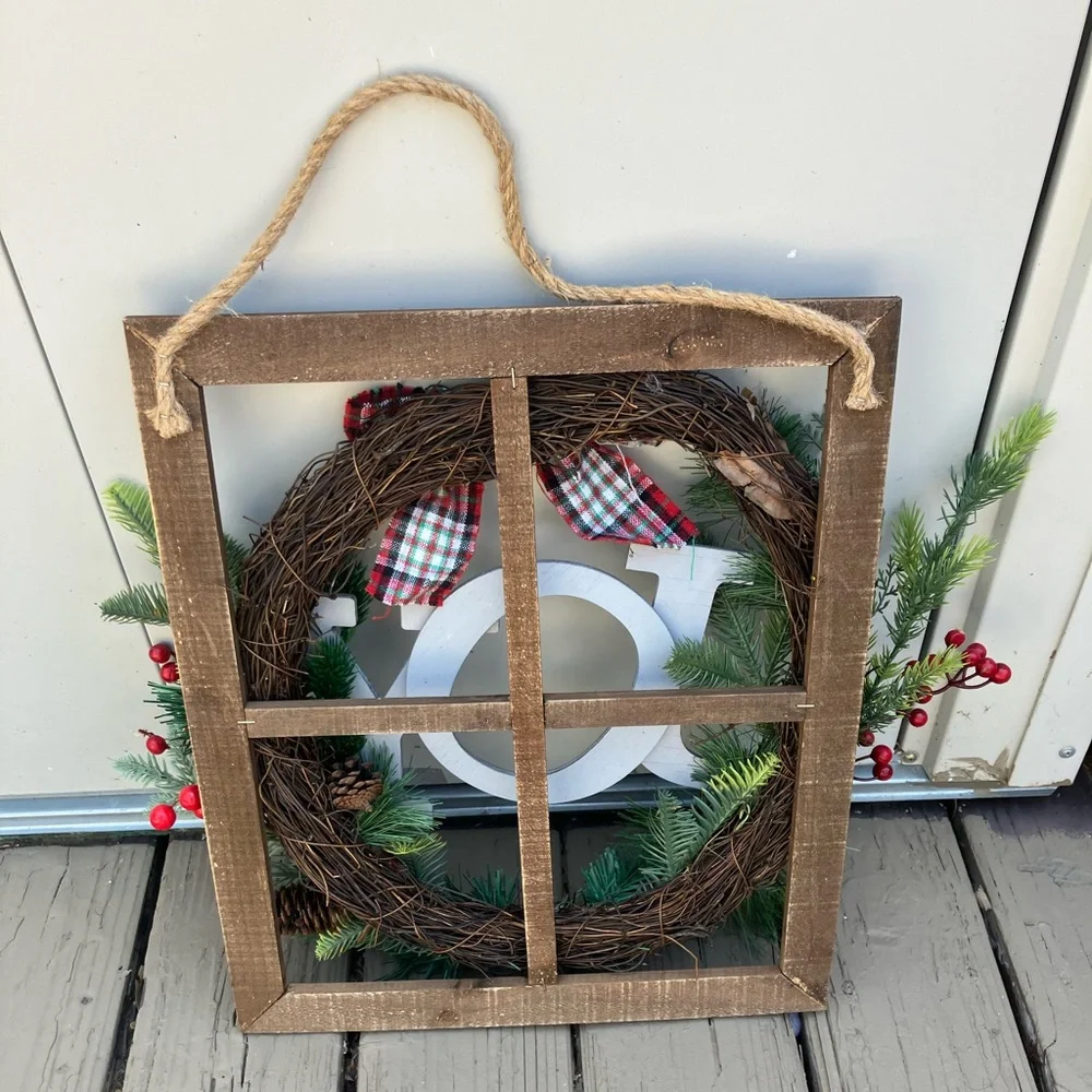 Rustic farmhouse Festive Joy Holiday Wreath with Red Accents